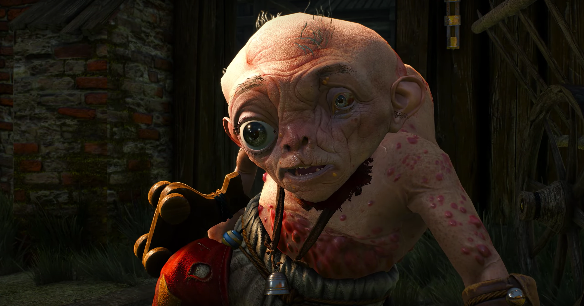 A screenshot from The Witcher 3: Wild Hunt depicting the ugliest man alive. The creature asymmetrical features, a bulging eye and a tiny one, and various warts on his body.