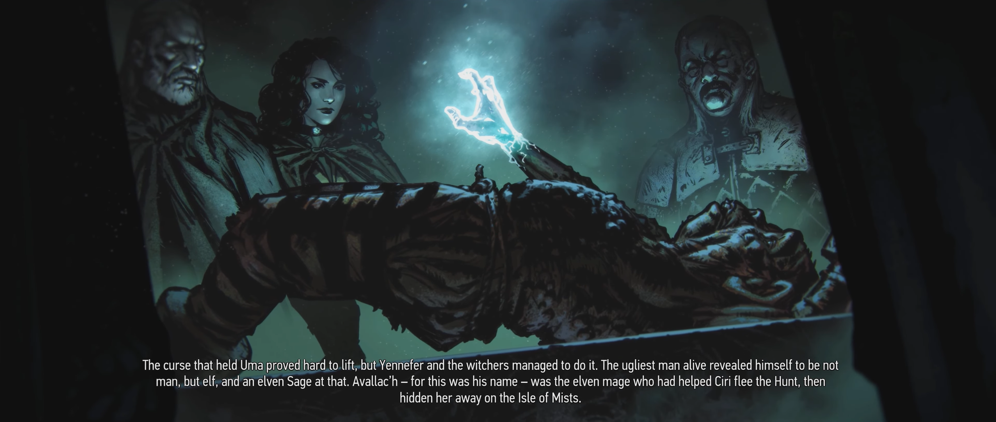 A loading screen from The Witcher 3: Wild Hunt depicting the removal of UMA's curse and his transformation back into Avallac'h as Yennefer, Geralt, and Vesemir look on.