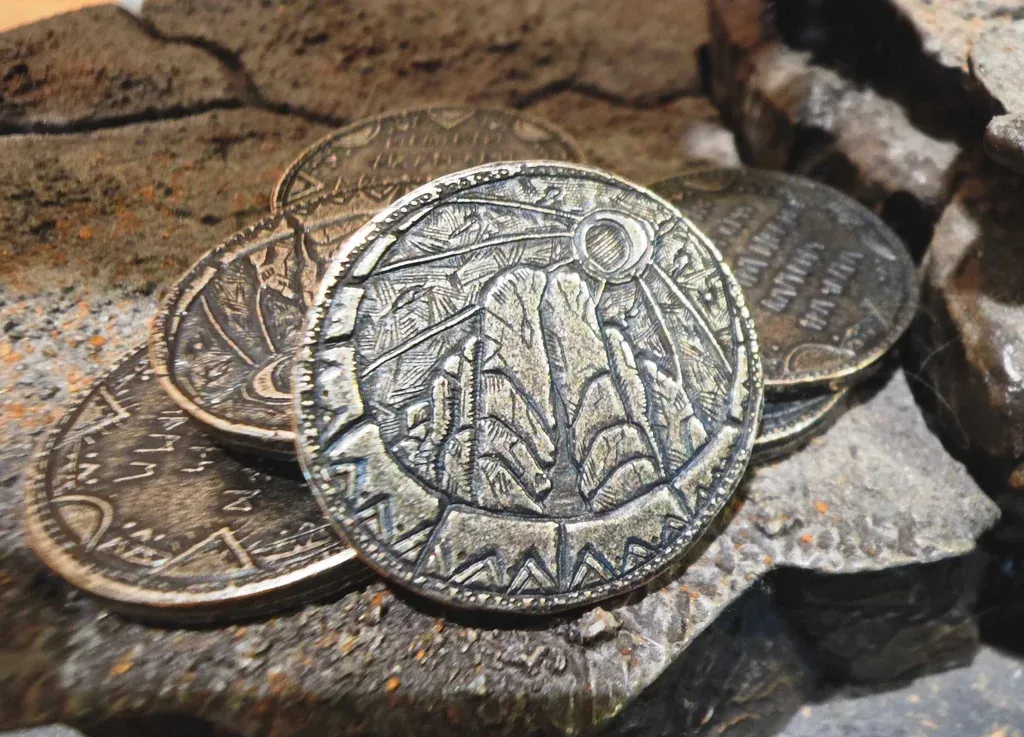 A pile of coins on a rocky surface, created for CD Projekt Red's 'Polaris', aka The Witcher 4, with the coins depicting a cave underneath a waning crescent moon and a runic script on the reverse.