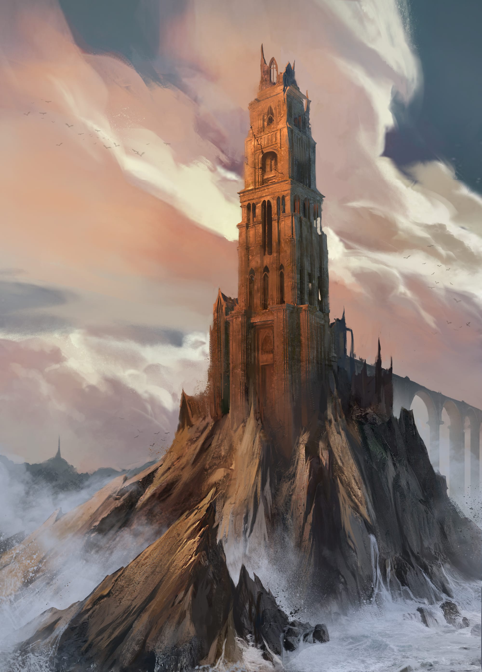 An elven tower rises out of the sharp rockface in the sea, a bridge connecting it to the mainland