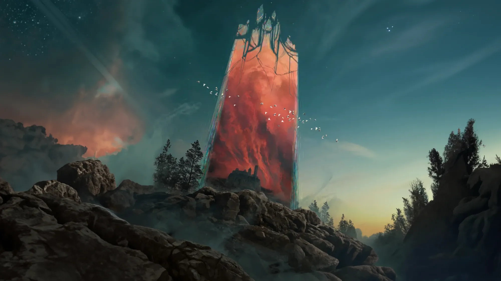 On teal background a giant glass surface rises out of the rockface, its upper edge shattering - a portal showing the red skies of another world.