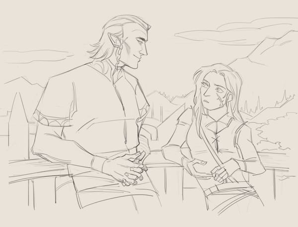 A pencil sketch of a smug Avallac'h and a hesitant Ciri leaning on a balcony and chatting at Tir ná Lia.