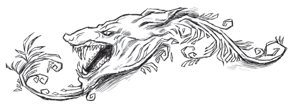 A graphic illustration in black and white depicting an angry, growling wolf-like creature's head.