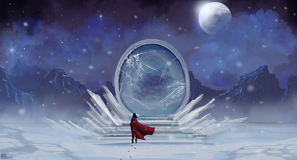 Under a starry sky, a character in red is crossing a snowy plain toward a giant, oval mirror that looks like a gate.